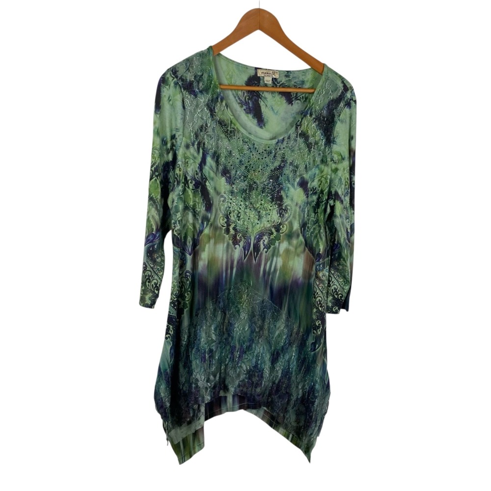 One World Women's Paisley Bling Asymmetrical Fairy Boho Tunic Top Green Size 1X